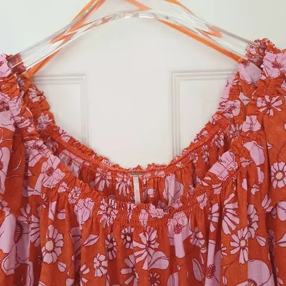 Free People Orange Pink Floral Off Shoulder Peasant Top L EC - Picture 8 of 10